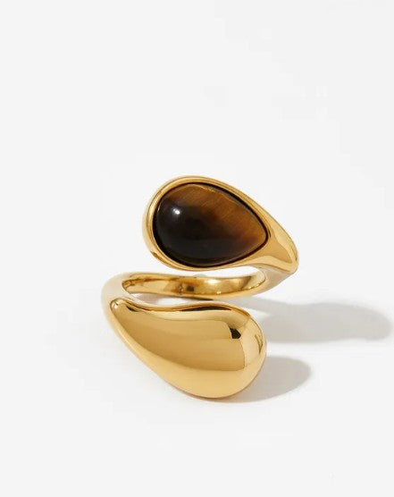 Anillo abierto con ojo de tigre piedra dorada