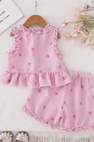 Conjunto de 2 piezas para niñas estampado rosado con cinta