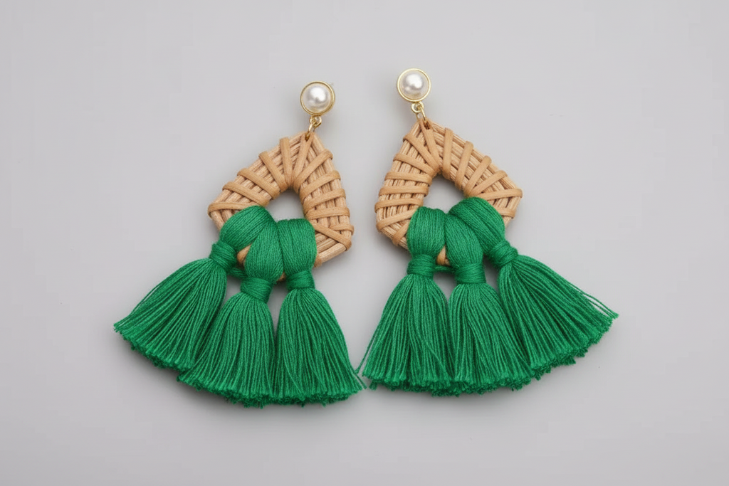 Aros Ratán con flecos verde