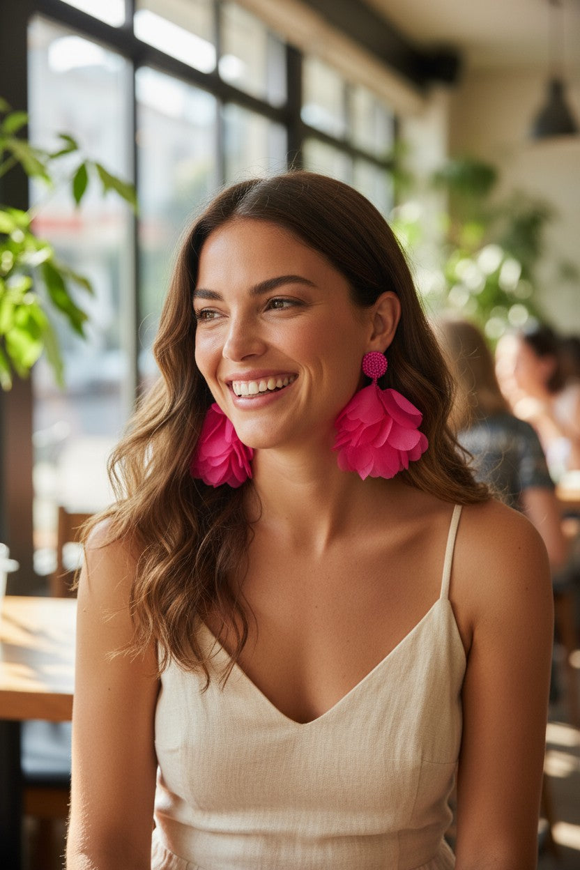 Aros largo con pétalos rosado