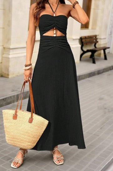 Vestido negro largo con tiras y piedras