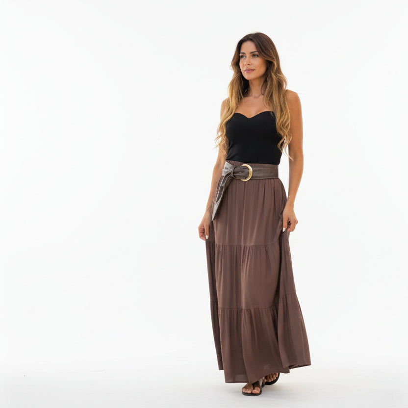 Falda larga café con cinturón